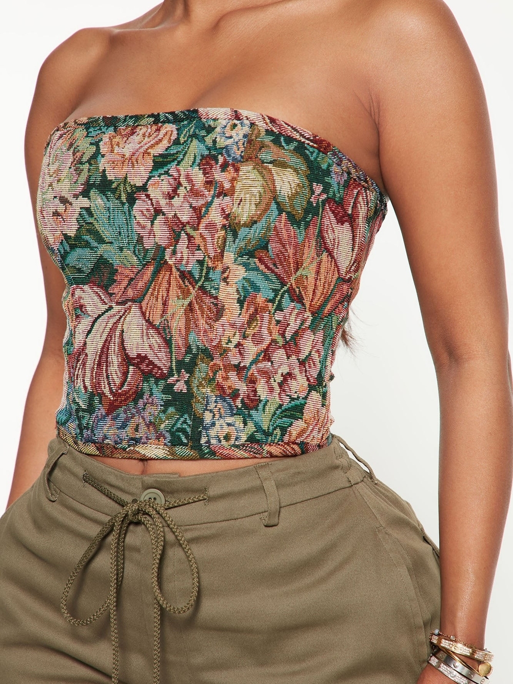Fashion Nova Floral Tapestry Strapless Crop Top - Green, Pink, Blue - Size Large